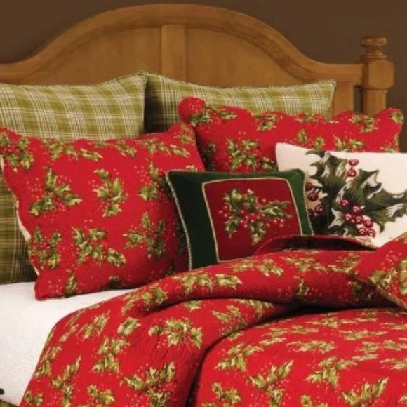 Holly Red Cotton Quilt Pillow Shams (Set Of 4) Queen Size - Picture 8 of 8